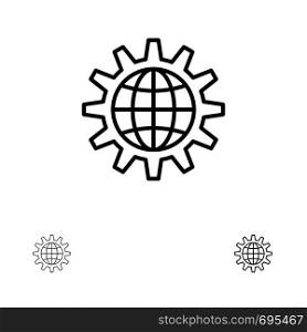 Global, Business, Develop, Development, Gear, Work, World Bold and thin black line icon set