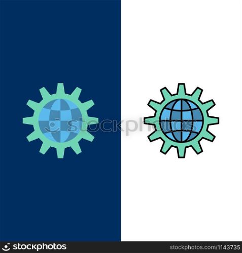 Global, Business, Develop, Development, Gear, Work, World Icons. Flat and Line Filled Icon Set Vector Blue Background