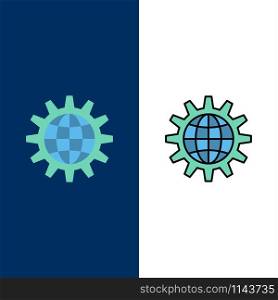Global, Business, Develop, Development, Gear, Work, World Icons. Flat and Line Filled Icon Set Vector Blue Background