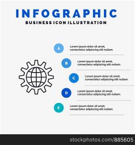 Global, Business, Develop, Development, Gear, Work, World Line icon with 5 steps presentation infographics Background