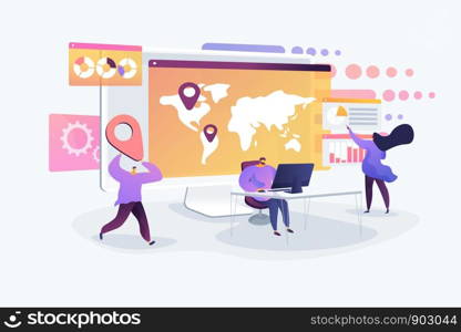 Global business research, international company extension strategy. Social media dashboard, online marketing interface, social media metrics concept. Vector isolated concept creative illustration. Social media dashboard concept vector illustration