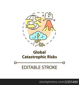 Global catastrophic risks concept icon. Nature disaster. Risks to food security abstract idea thin line illustration. Isolated outline drawing. Editable stroke. Arial, Myriad Pro-Bold fonts used. Global catastrophic risks concept icon