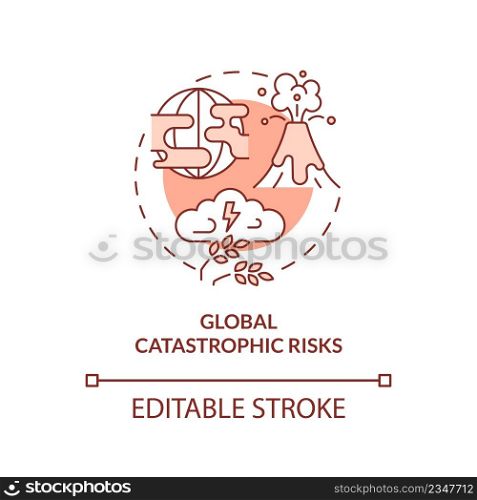 Global catastrophic risks red concept icon. Nature disaster. Risks to food security abstract idea thin line illustration. Isolated outline drawing. Editable stroke. Arial, Myriad Pro-Bold fonts used. Global catastrophic risks red concept icon