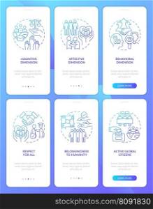 Global citizenship blue gradient onboarding mobile app screen set. GCED walkthrough 3 steps graphic instructions with linear concepts. UI, UX, GUI template. Myriad Pro-Bold, Regular fonts used. Global citizenship blue gradient onboarding mobile app screen set