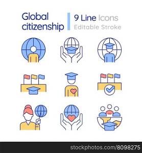 Global citizenship RGB color icons set. Responsive citizens. Sustainable development. Civil society. Isolated vector illustrations. Simple filled line drawings collection. Editable stroke. Global citizenship RGB color icons set