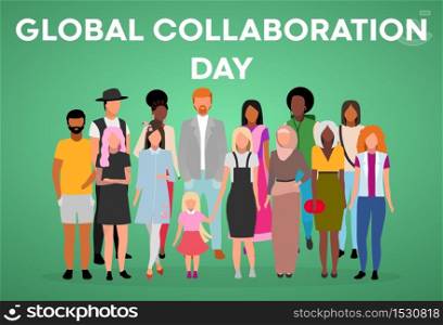 Global collaboration day poster vector template. Unity in diversity. Brochure, cover, booklet page concept with flat illustrations. International tolerance. Advertising flyer, leaflet, banner layout