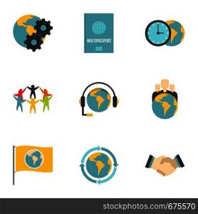 Global comunity icon set. Flat set of 9 global comunity vector icons for web isolated on white background. Global comunity icon set, flat style