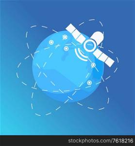 Global connection vector, satellite floating in space with planet, flat style. Cellular communication and services of internet, telecommunication modern. Satellite and Globe with Lines, Global Services