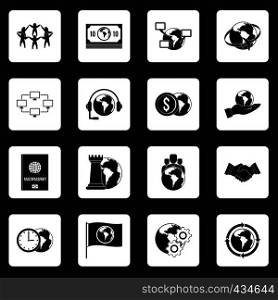Global connections icons set in white squares on black background simple style vector illustration. Global connections icons set squares vector
