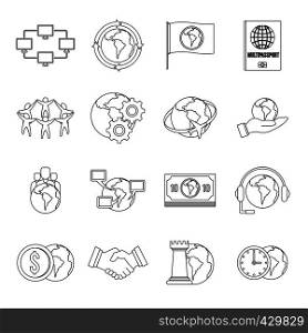 Global connections icons set. Outline illustration of 16 global connections vector icons for web. Global connections icons set, outline style