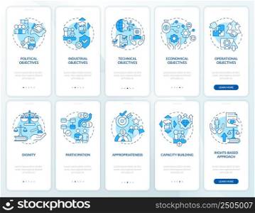 Global cooperation blue onboarding mobile app screen set. Development walkthrough 5 steps graphic instructions pages with linear concepts. UI, UX, GUI template. Myriad Pro-Bold, Regular fonts used. Global cooperation blue onboarding mobile app screen set