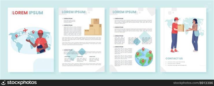 Global courier service flat vector brochure template. Fast delivery booklet, leaflet printable color designs. Editable magazine page, reports kit with text space. Poppins, Quicksand fonts used. Global courier service flat vector brochure template