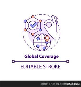 Global coverage concept icon. Business coaching platform benefit abstract idea thin line illustration. Globalization. Isolated outline drawing. Editable stroke. Arial, Myriad Pro-Bold fonts used. Global coverage concept icon