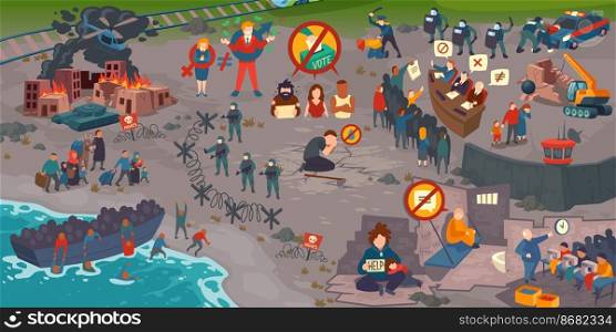 Global crisis, refugees, strike for human rights, people in trouble. Man crying of water lack, prisoner in jail, poor family with child beg, laborers on sewing factory Cartoon flat vector illustration. Global crisis, refugees, strike for human rights