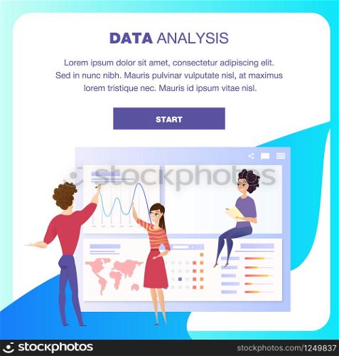 Global Data Analysis Grath Landing Page Character. Business Woman Show Worldwide Finance Growth Chart. Digital Marketing Kpi Presentation Concept for Website or Web Page. Flat Vector Illustration. Global Data Analysis Grath Landing Page Character