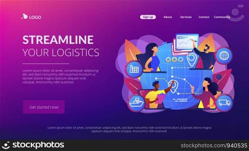 Global distribution, international cargo freight company. Supply chain management, logistics operations control, streamline your logistics concept. Website homepage landing web page template.. Supply chain management concept landing page