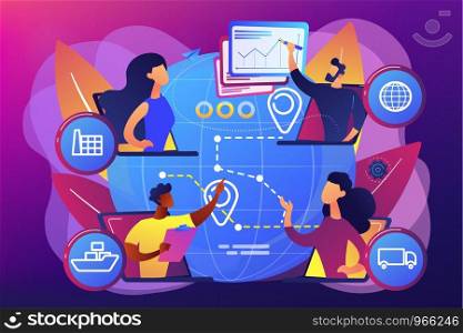 Global distribution, international cargo freight company. Supply chain management, logistics operations control, streamline your logistics concept. Bright vibrant violet vector isolated illustration. Supply chain management concept vector illustration