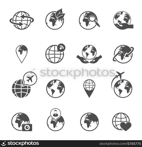 Global earth ecological travel symbols pictograms set with love saving planet hands black abstract isolated vector illustration