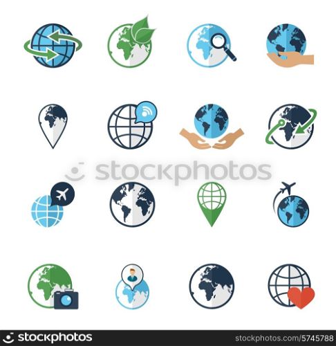Global earth environment friendly transportation round world map flight symbols flat icons set abstract isolated vector illustration
