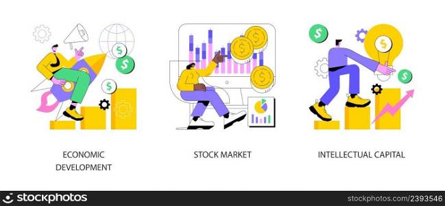 Global economy abstract concept vector illustration set. Economic development, stock market index, intellectual capital, financial institution, exchange rate, money investment abstract metaphor.. Global economy abstract concept vector illustrations.