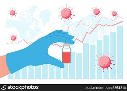 Global economy vaccination impact. Stock exchange growing charts. Big doctor hands in medical blue glove holds ampoule. Financial crisis. Coronavirus germs. Economic decrease diagram. Vector concept. Global economy vaccination impact. Stock exchange growing charts. Big doctor hands in medical glove holds ampoule. Financial crisis. Coronavirus germs. Economic decrease. Vector concept