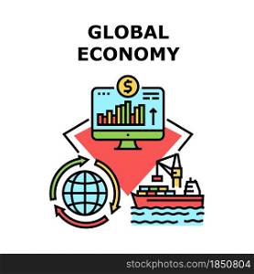 Global Economy Vector Icon Concept. Global Economy And International Business. Shipment And Trade Market Internet Financial Fund. World Electronic Commerce And Partnership Color Illustration. Global Economy Vector Concept Color Illustration