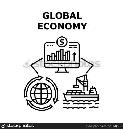 Global Economy Vector Icon Concept. Global Economy And International Business. Shipment And Trade Market Internet Financial Fund. World Electronic Commerce And Partnership Black Illustration. Global Economy Vector Concept Black Illustration