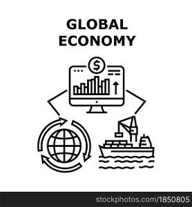 Global Economy Vector Icon Concept. Global Economy And International Business. Shipment And Trade Market Internet Financial Fund. World Electronic Commerce And Partnership Black Illustration. Global Economy Vector Concept Black Illustration