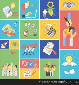 Global environment green energy saving startup teamwork strategy concept flat icons composition set abstract isolated vector illustration. Business teamwork concept flat icons set