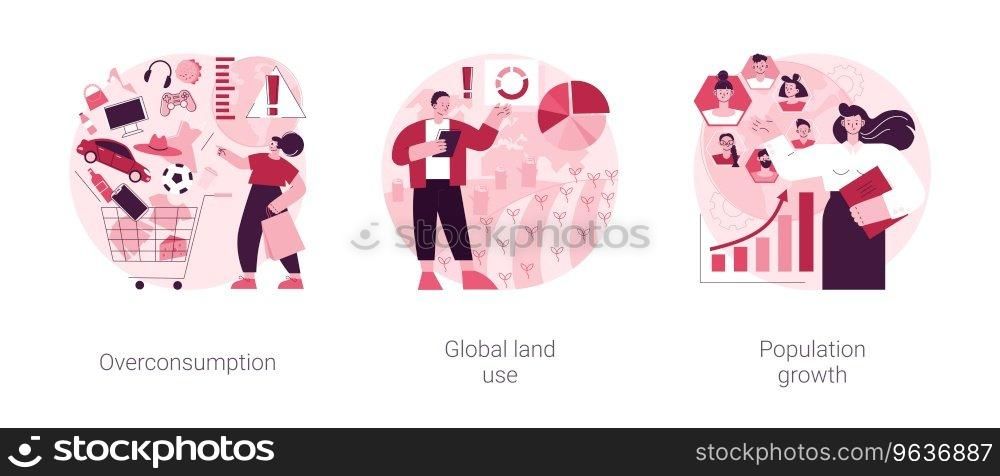 Global environmental data abstract concept vector illustration set. Overconsumption, global land use, population growth, overpopulation problem, consumer society, urbanization abstract metaphor.. Global environmental data abstract concept vector illustrations.