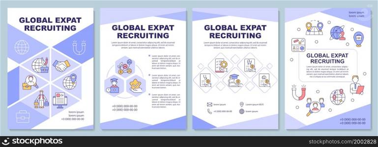 Global expat recruiting brochure template. Hiring employees abroad. Flyer, booklet, leaflet print, cover design with linear icons. Vector layouts for presentation, annual reports, advertisement pages. Global expat recruiting brochure template