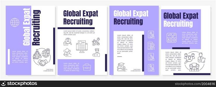 Global expat recruiting purple brochure template. Hiring abroad. Flyer, booklet, leaflet print, cover design with linear icons. Vector layouts for presentation, annual reports, advertisement pages. Global expat recruiting purple brochure template
