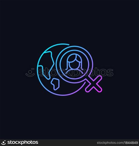 Global feminism gradient vector icon for dark theme. Achieve gender equality. Women rights movement across globe. Thin line color symbol. Modern style pictogram. Vector isolated outline drawing. Global feminism gradient vector icon for dark theme