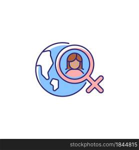 Global feminism RGB color icon. Achieve gender equality around world. Women rights movement across globe. International feminist organization. Isolated vector illustration. Simple filled line drawing. Global feminism RGB color icon