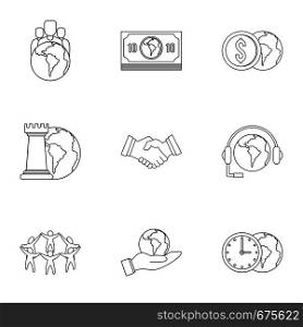 Global finance icon set. Outline set of 9 global finance vector icons for web isolated on white background. Global finance icon set, outline style