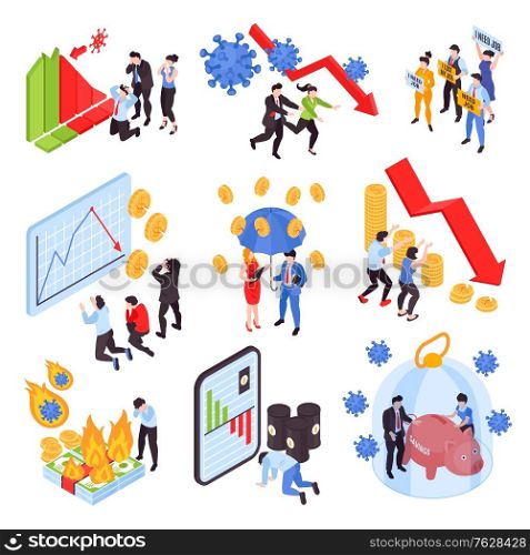 Global financial crisis isometric icons set with stock market graphs and frustrated people isolated on white background 3d vector illustration