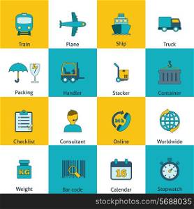 Global freight railway transportation logistics flat icons set with train container delivery operator abstract isolated vector illustration