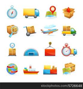 Global freight transportation logistics flat icons set with cargo vessel containers delivery service abstract isolated vector illustration