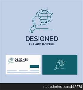 global, globe, magnifier, research, world Business Logo Line Icon Symbol for your business. Turquoise Business Cards with Brand logo template. Vector EPS10 Abstract Template background