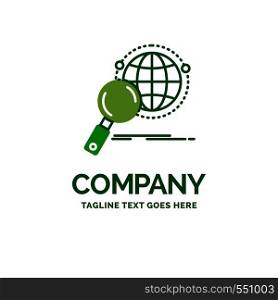 global, globe, magnifier, research, world Flat Business Logo template. Creative Green Brand Name Design.