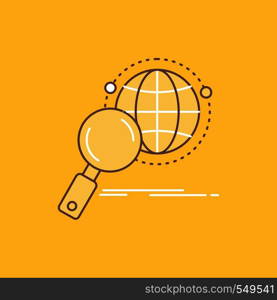 global, globe, magnifier, research, world Flat Line Filled Icon. Beautiful Logo button over yellow background for UI and UX, website or mobile application. Vector EPS10 Abstract Template background