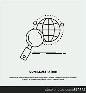 global, globe, magnifier, research, world Icon. Line vector gray symbol for UI and UX, website or mobile application. Vector EPS10 Abstract Template background