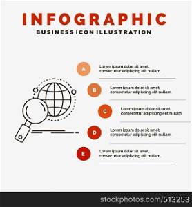 global, globe, magnifier, research, world Infographics Template for Website and Presentation. Line Gray icon with Orange infographic style vector illustration. Vector EPS10 Abstract Template background