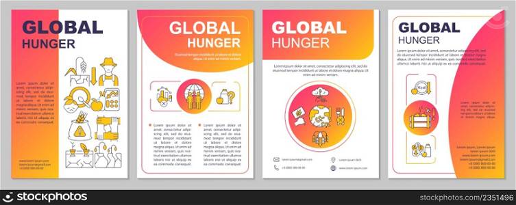 Global hunger red gradient brochure template. Food insecurity. Leaflet design with linear icons. 4 vector layouts for presentation, annual reports. Arial-Black, Myriad Pro-Regular fonts used. Global hunger red gradient brochure template