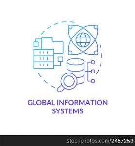 Global information systems blue gradient concept icon. Storing and analyzing data abstract idea thin line illustration. Globalization. Isolated outline drawing. Myriad Pro-Bold font used. Global information systems blue gradient concept icon