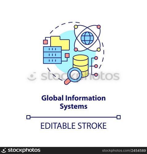 Global information systems concept icon. Storing and analyzing data abstract idea thin line illustration. Globalization. Isolated outline drawing. Editable stroke. Arial, Myriad Pro-Bold fonts used. Global information systems concept icon