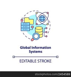 Global information systems concept icon. Storing and analyzing data abstract idea thin line illustration. Globalization. Isolated outline drawing. Editable stroke. Arial, Myriad Pro-Bold fonts used. Global information systems concept icon