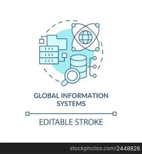 Global information systems turquoise concept icon. Storing and analyzing data abstract idea thin line illustration. Isolated outline drawing. Editable stroke. Arial, Myriad Pro-Bold fonts used. Global information systems turquoise concept icon