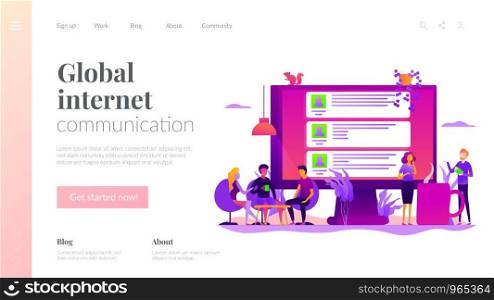 Global internet communication, social media and network technology, chat message and forum concept. Website homepage interface UI template. Landing web page with infographic concept hero header image.. Internet forum landing page template.