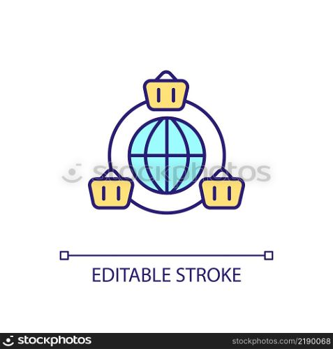 Global internet market RGB color icon. Online shopping. International sales. Digital store. Isolated vector illustration. Simple filled line drawing. Editable stroke. Arial font used. Global internet market RGB color icon